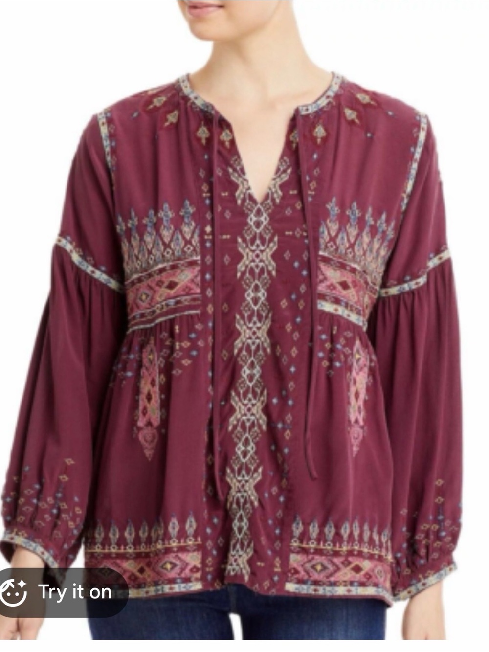 Johnny Was Burgundy Embroidered Boho Tunic